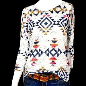 Moa Moa High Low Tunic Boho Shirt Tribal Aztec ¾ Sleeve Top Size Small